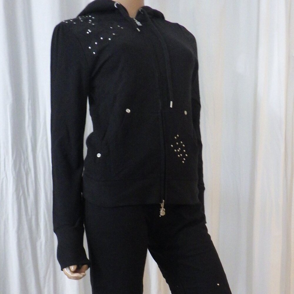 NWT BCBG sz SM MED LG XL BLK ON BLK APPLIQUE 100% COTTON 2 PIECE TRACKSUIT